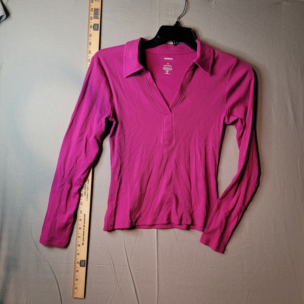 Sonoma Goods For Life‎ Womens Magenta Pink Ribbed Long Sleeve V-Neck Polo Top S